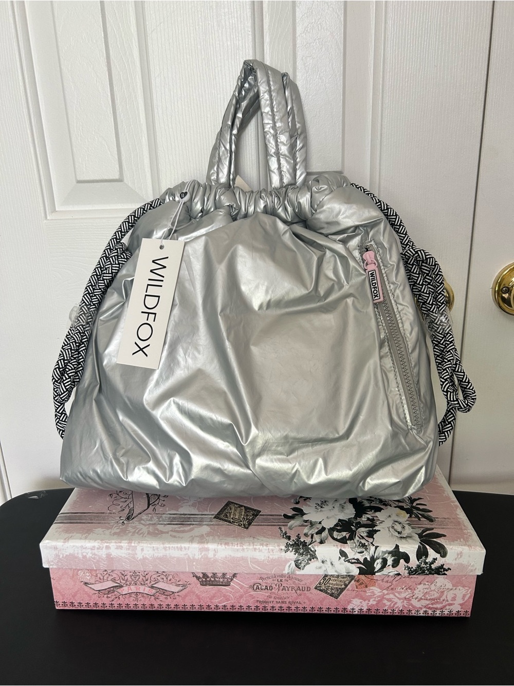 Wildfox Metallic Silver Puffer Tote with Patterned Rope Handles